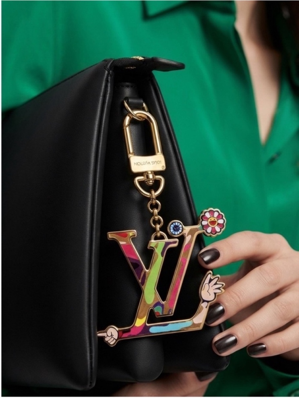 Louis Vuitton Black Leather Bag with Multicolor LV Enamel Charm